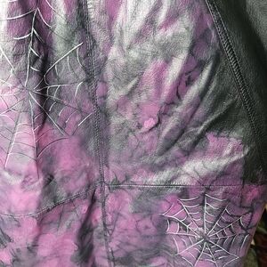 Women's Pink and Black skull And Rose Leather Jacket With Spider Web